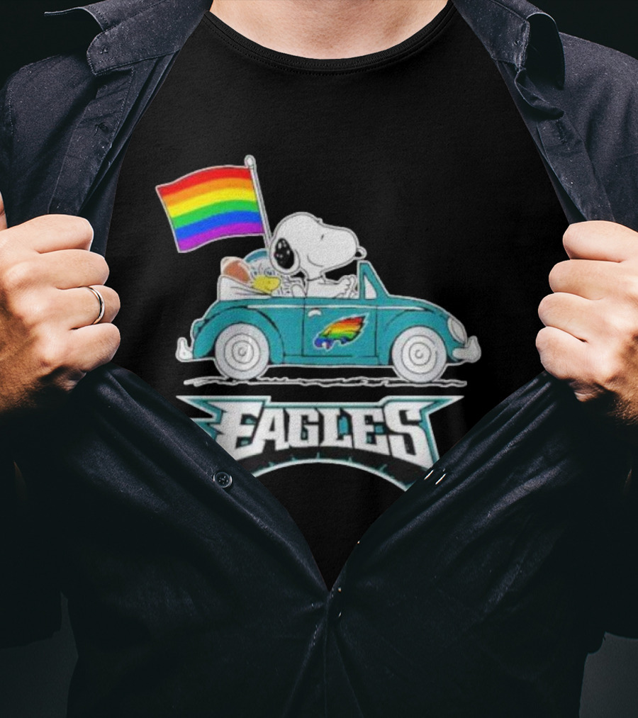 Philadelphia Eagles Pride Month Snoopy And Woodstock Rainbow Flag Parade T-Shirt