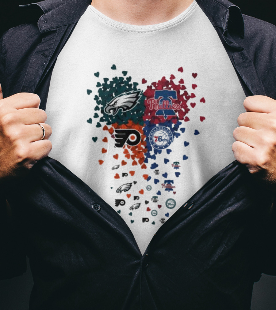 Philadelphia Eagles Phillies Flyers 76ers Logos And Hearts T-Shirt