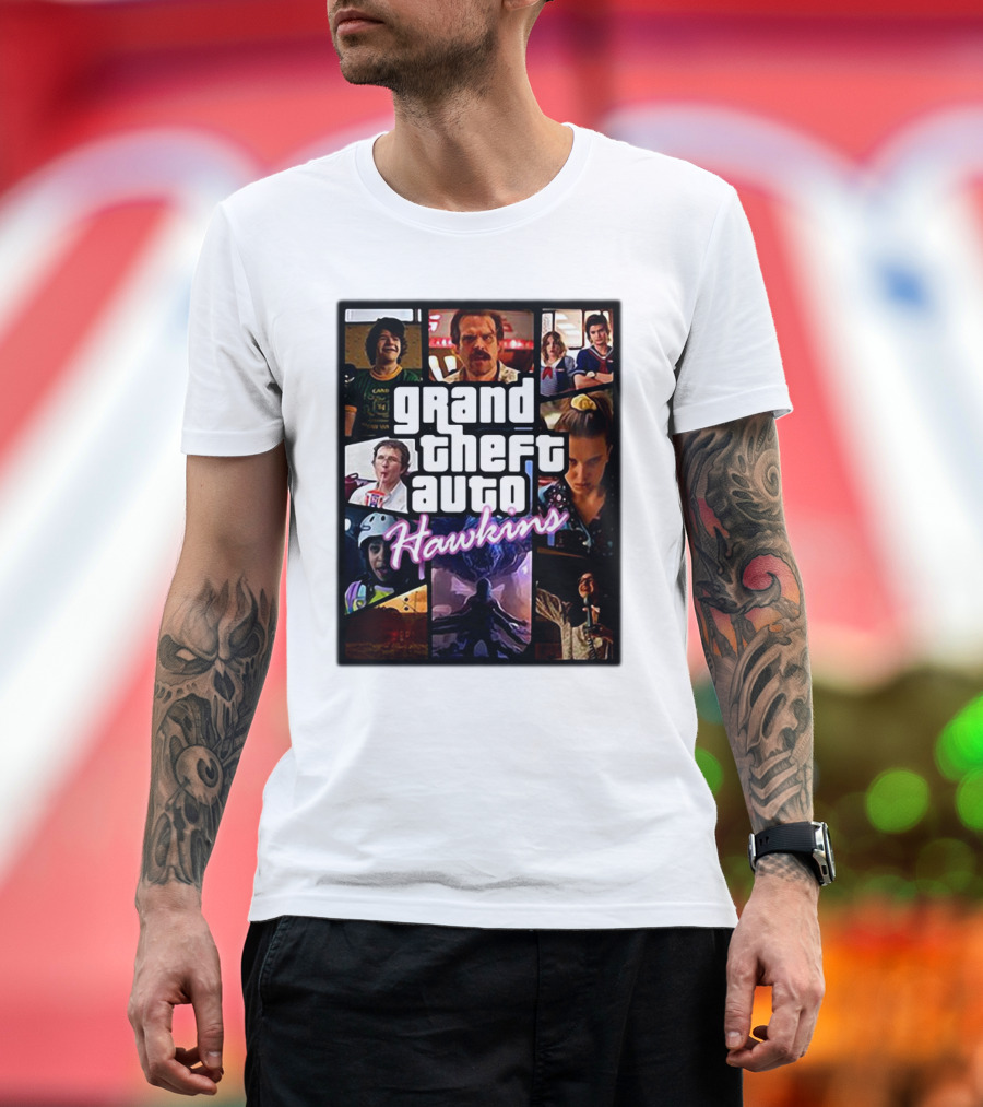 Stranger Things 3 Grand Theft Auto Hawkins Vintage Style Collage T-Shirt
