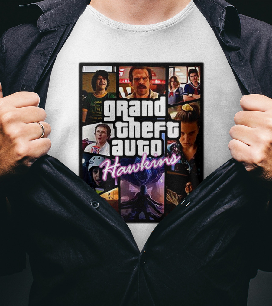 Stranger Things 3 Grand Theft Auto Hawkins Vintage Style Collage T-Shirt