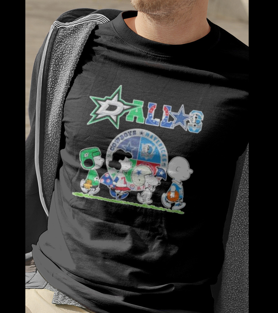 Peanuts Characters Walking With Dallas Cowboys Mavericks Stars T-Shirt