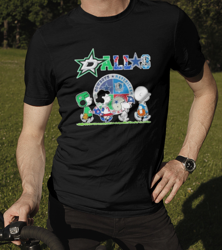 Peanuts Characters Walking With Dallas Cowboys Mavericks Stars T-Shirt