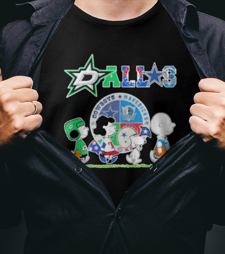 Peanuts Characters Walking With Dallas Cowboys Mavericks Stars T-Shirt