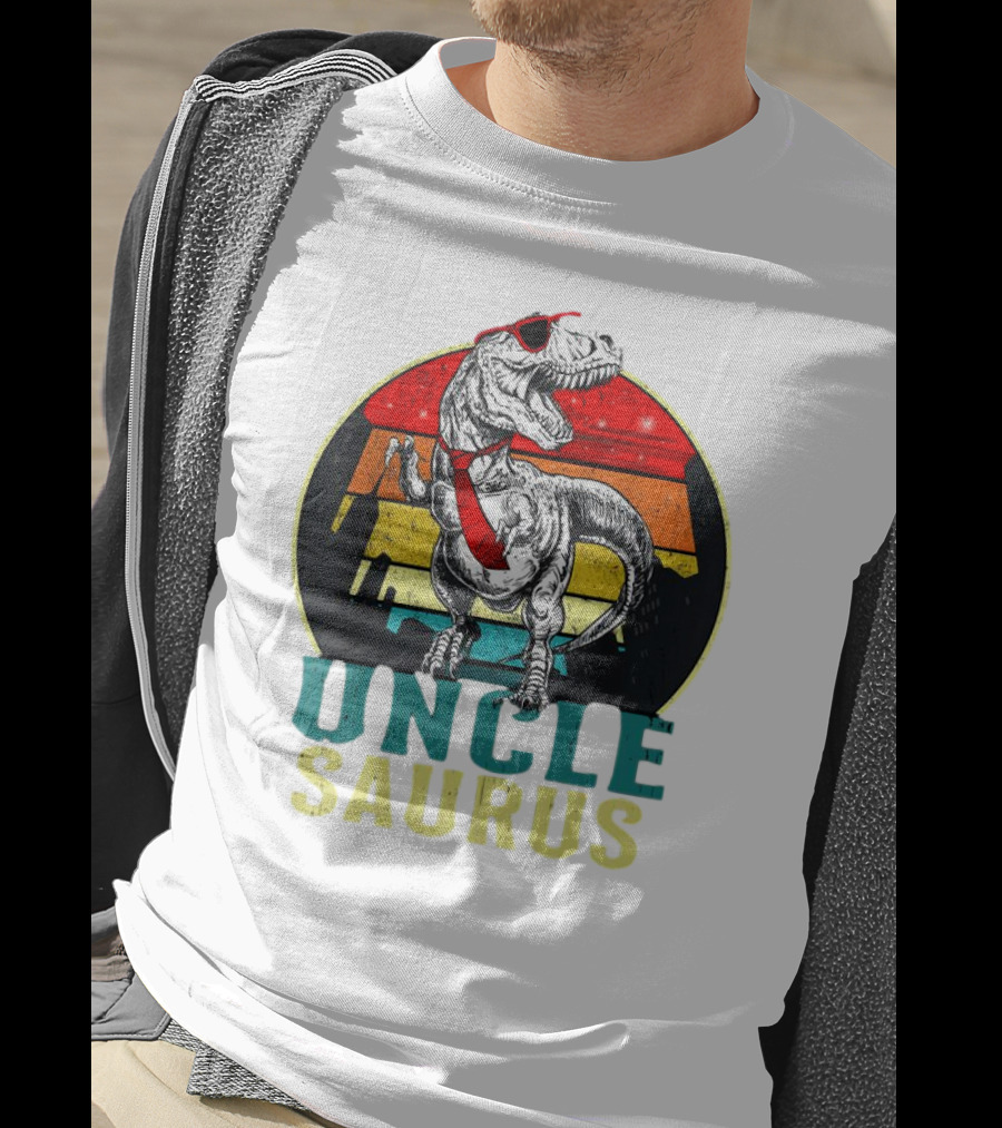 Uncle Saurus Rex Dinosaur With Sunglasses And Red Tie Fathers Day T-Shirt