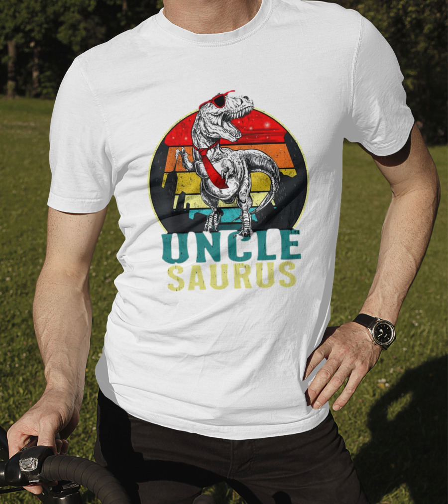 Uncle Saurus Rex Dinosaur With Sunglasses And Red Tie Fathers Day T-Shirt