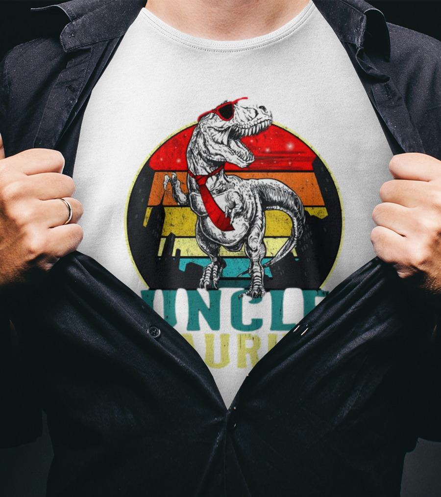 Uncle Saurus Rex Dinosaur With Sunglasses And Red Tie Fathers Day T-Shirt