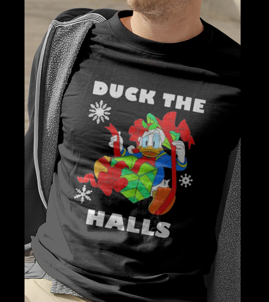 Duck The Halls Christmas With Present And Snowflakes T-Shirt