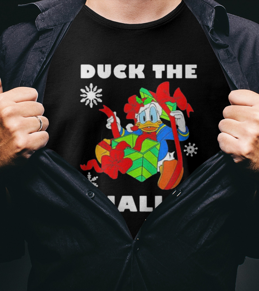 Duck The Halls Christmas With Present And Snowflakes T-Shirt