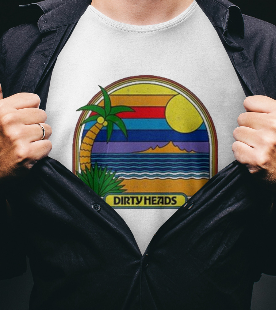 Dirty Heads Retro Beach Sunset Palms Ocean Scene T-Shirt