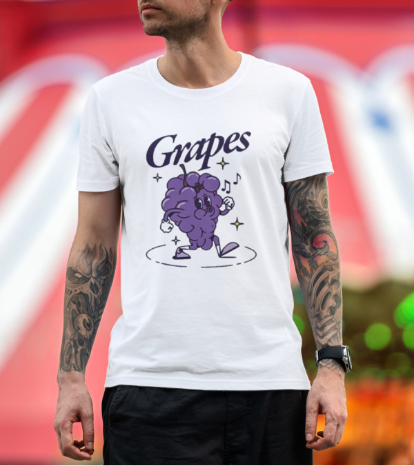 Premium T-Shirt: James Marriott Grapes Dancing Purple Cartoon with Musical Notes and Stars T-Shirt James Marriott Grapes Dancing Purple Cartoon with Musical Notes and Stars T-Shirt