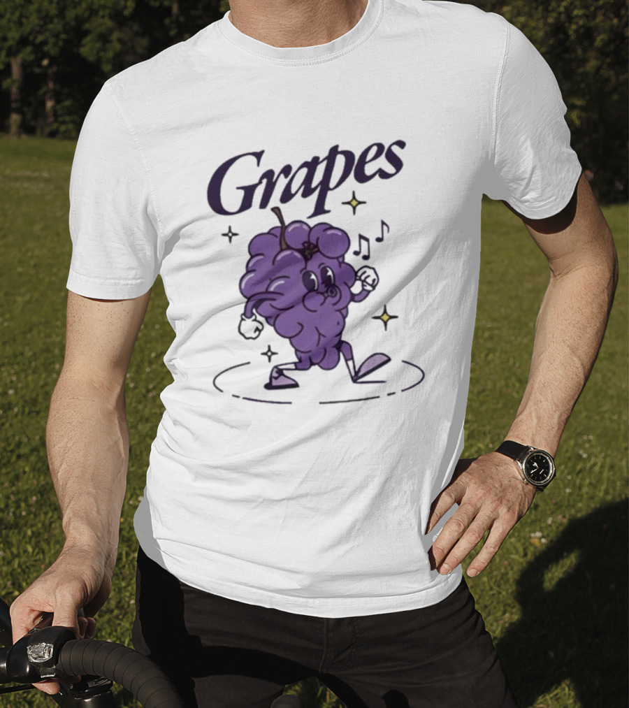 James Marriott Grapes Dancing Purple Cartoon With Musical Notes And Stars T-Shirt
