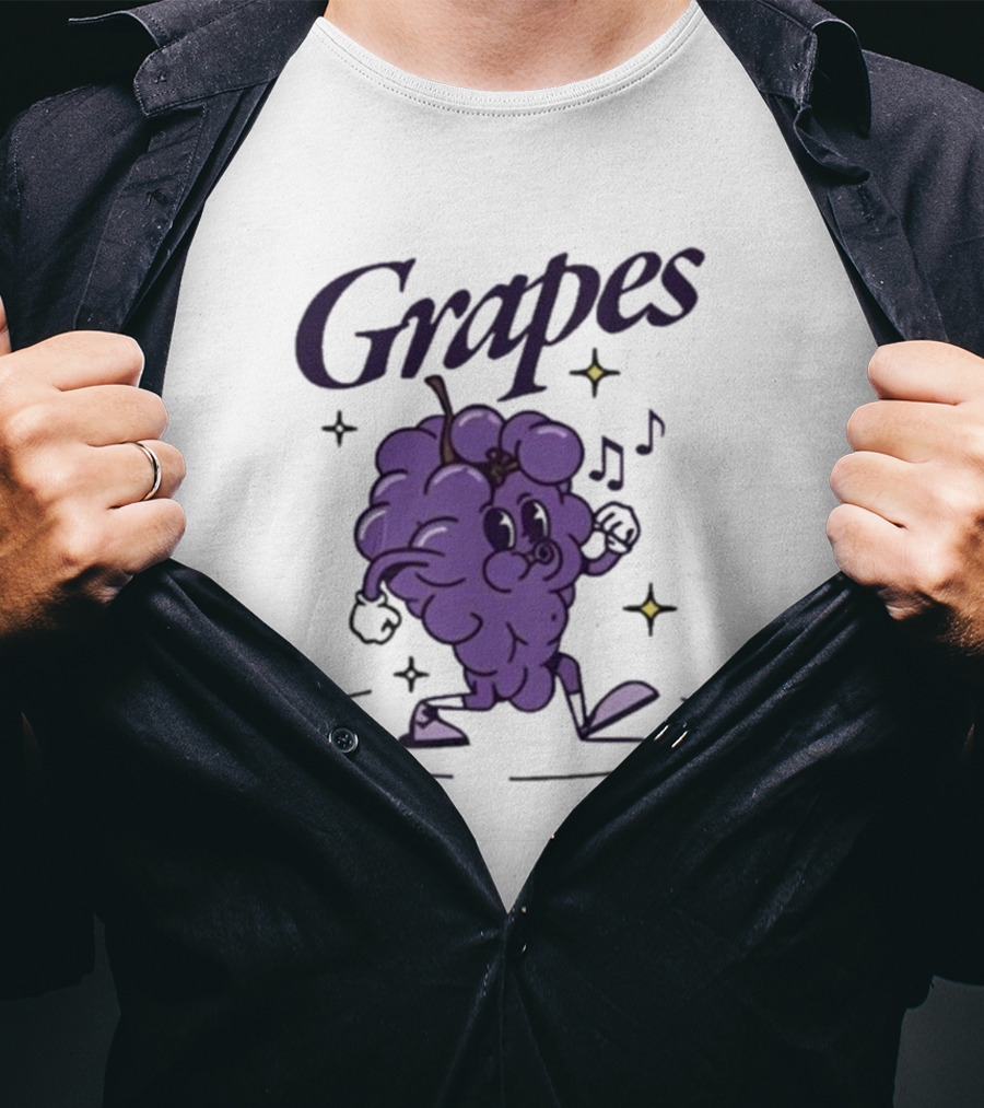 James Marriott Grapes Dancing Purple Cartoon With Musical Notes And Stars T-Shirt