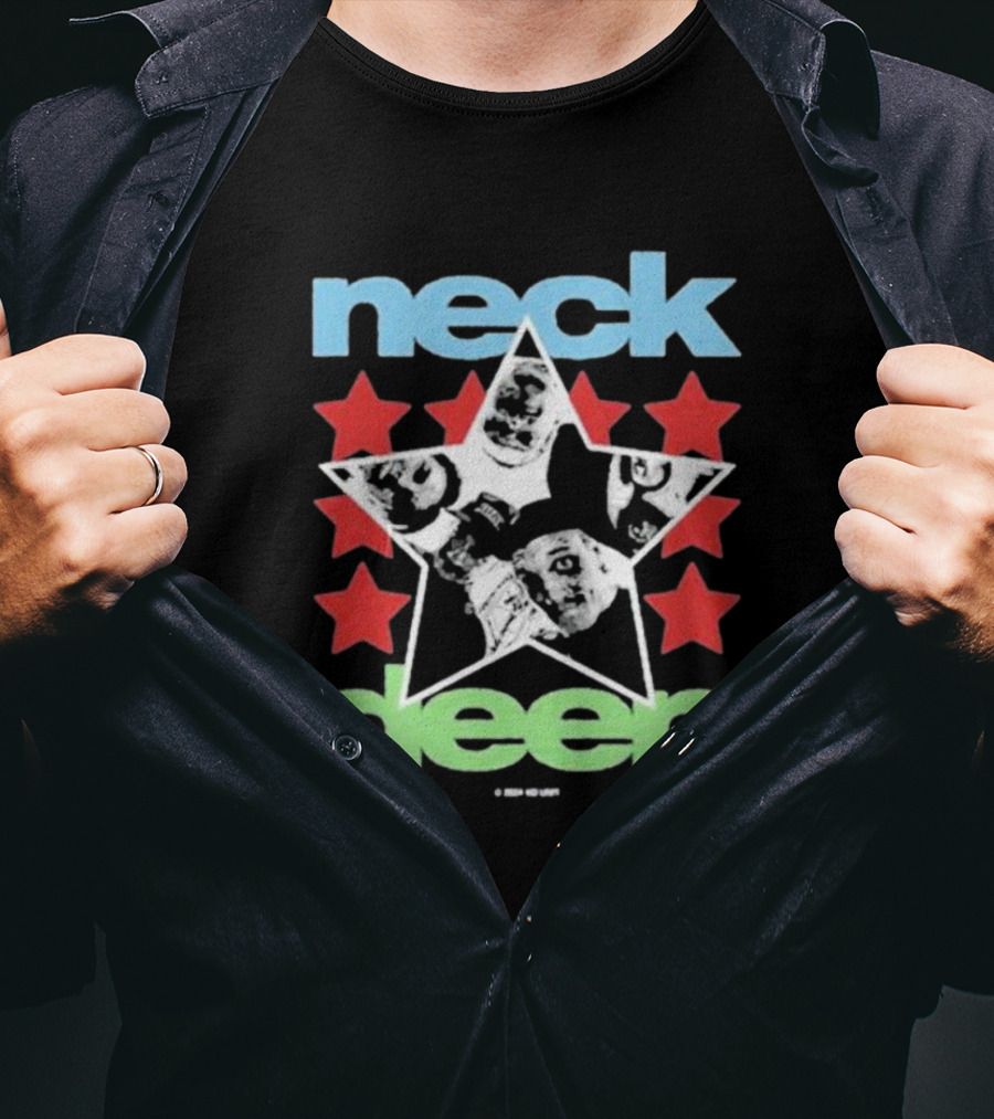 Neck Deep Blue And Green Star With Red Stars And Faces T-Shirt