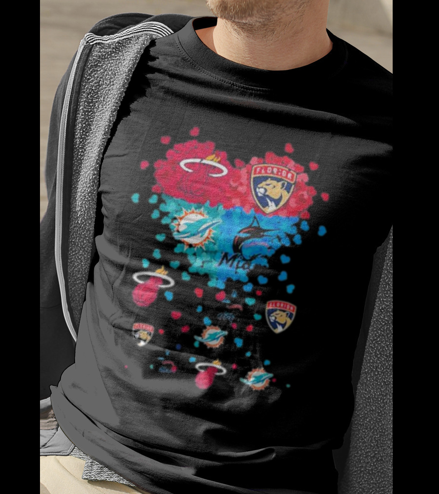 Miami Dolphins Miami Heat Florida Panthers Mashup Hearts T-Shirt