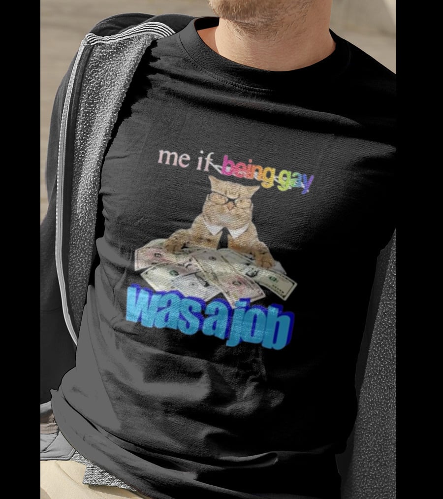 Cat With Money And Rainbow Text Me If Being Gay Was A Job T-Shirt