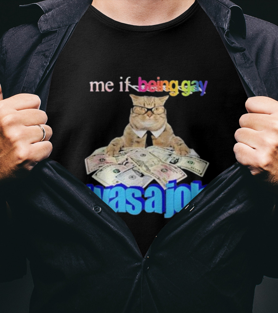 Cat With Money And Rainbow Text Me If Being Gay Was A Job T-Shirt