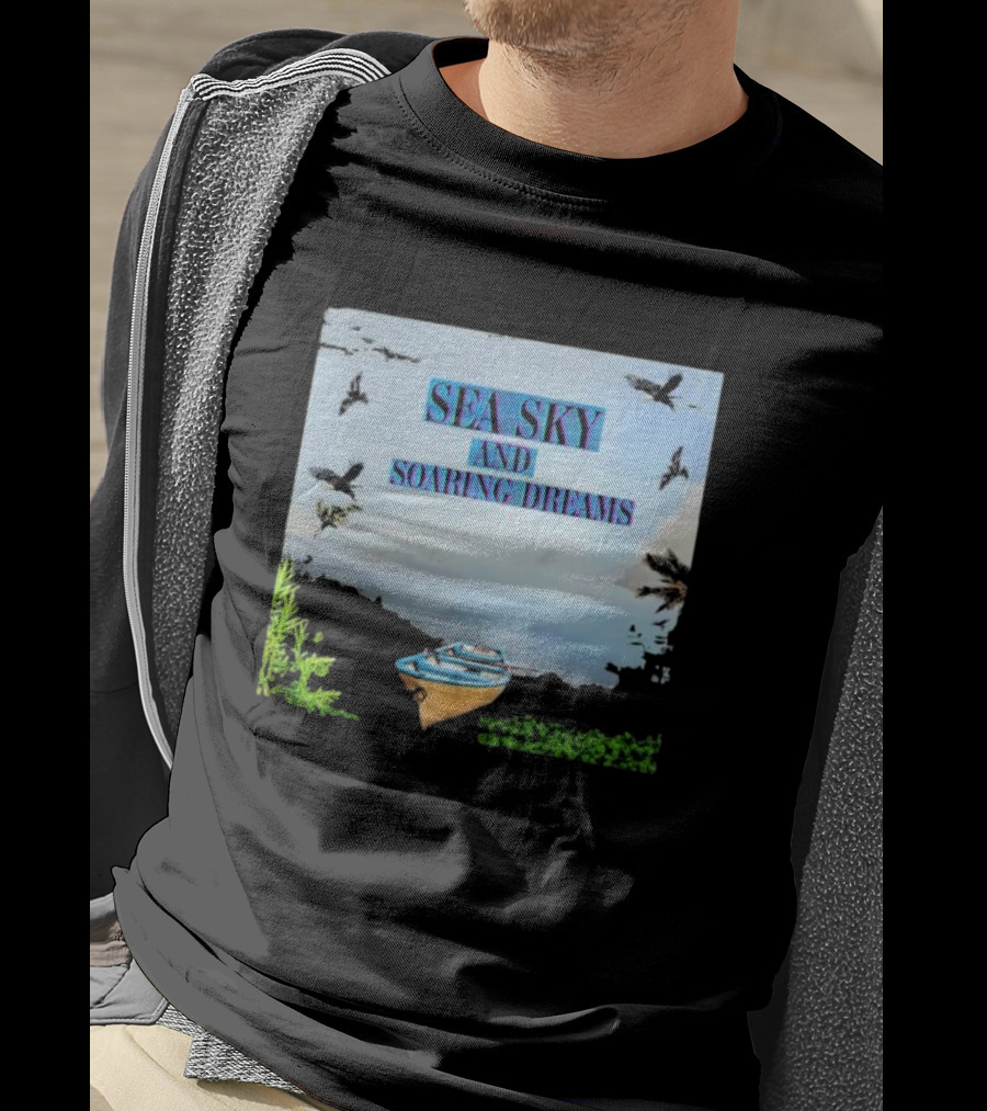 Sea Sky And Soaring Dreams With Birds And Boat IN Nature Scene T-Shirt