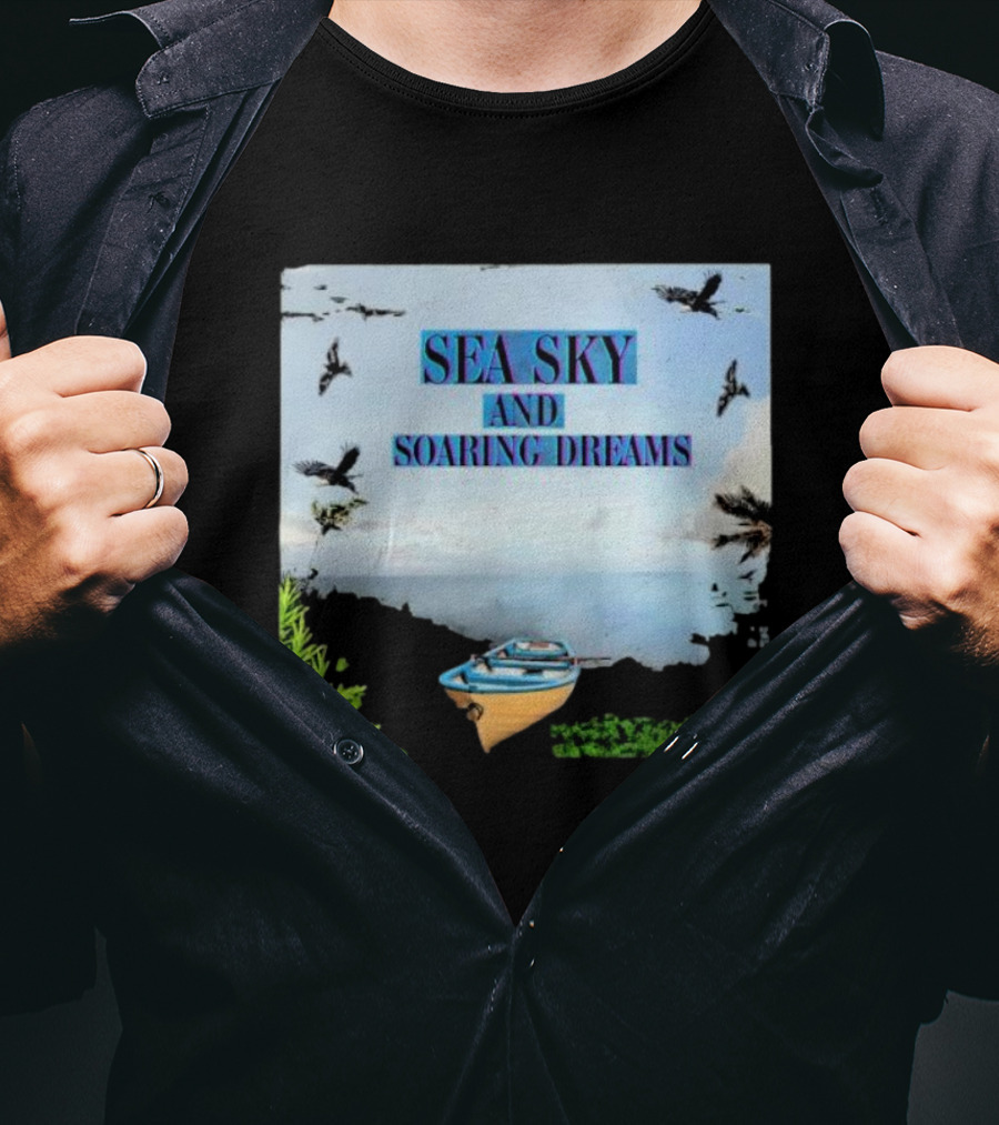 Sea Sky And Soaring Dreams With Birds And Boat IN Nature Scene T-Shirt
