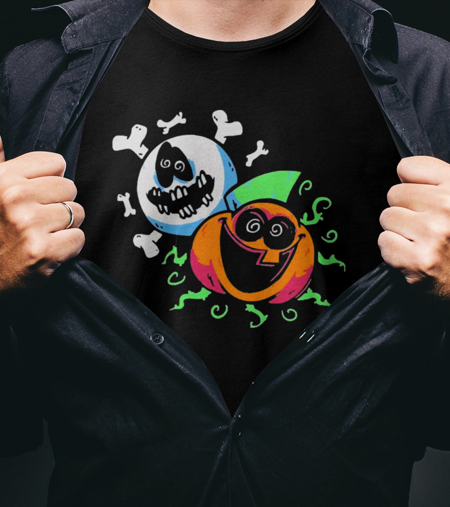 Spooky Month Colorful Cartoon Ghosts And Pumpkins With Bones T-Shirt