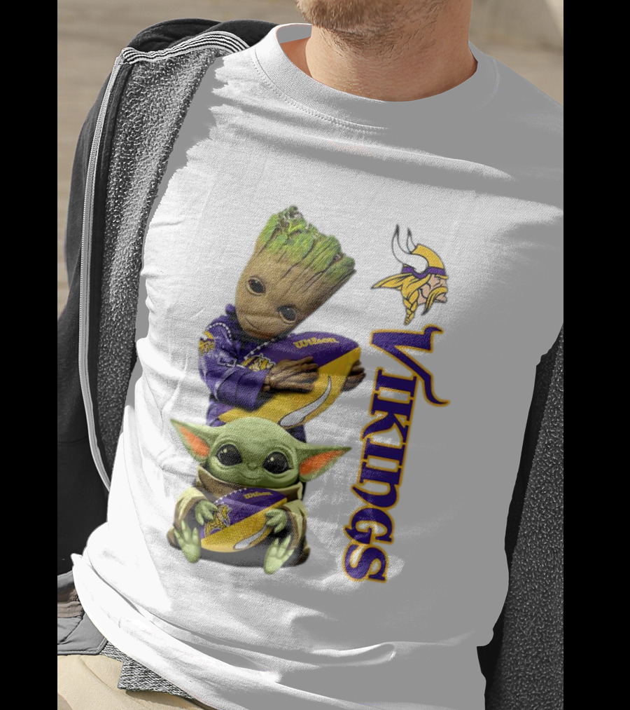 Baby Groot And Yoda Hugging Minnesota Vikings Football T-Shirt