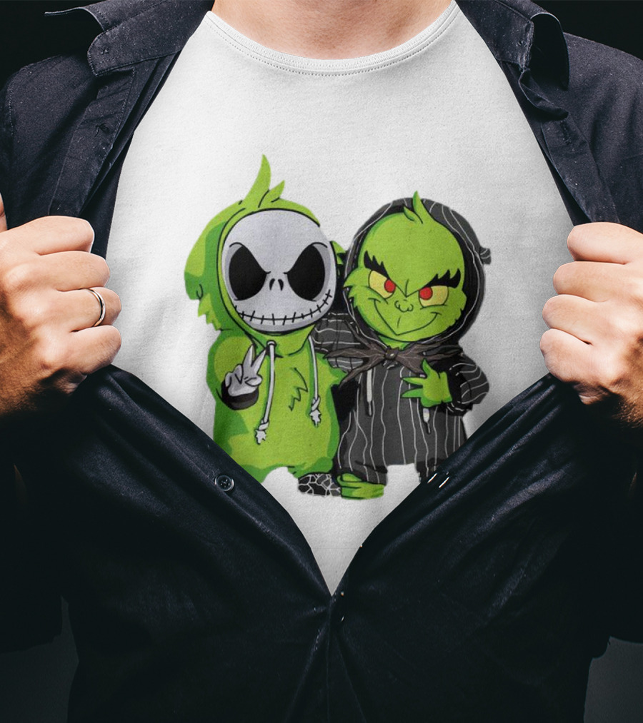 Baby Jack Skellington And Grinch In Green Hoodies T-Shirt