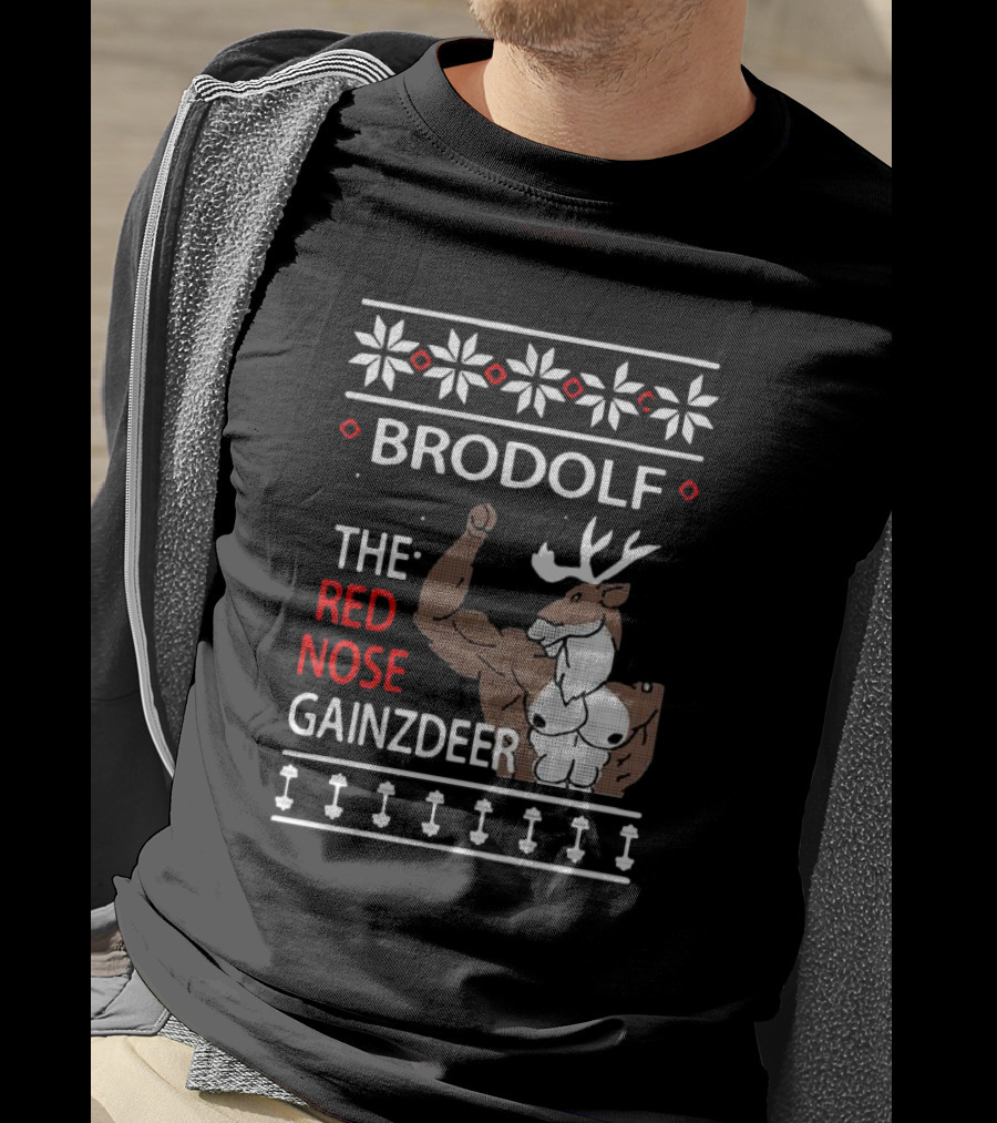 Brodolf The Red Nose Muscle Gainz Deer Christmas T-Shirt