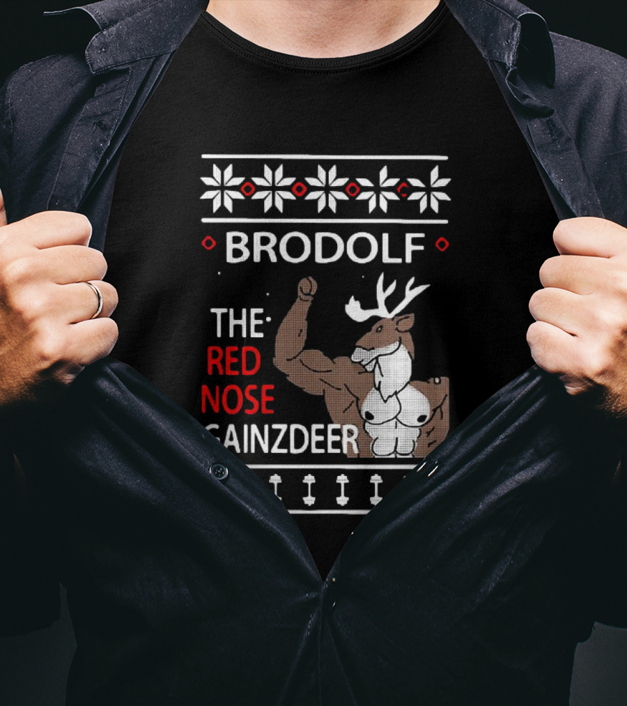 Brodolf The Red Nose Muscle Gainz Deer Christmas T-Shirt
