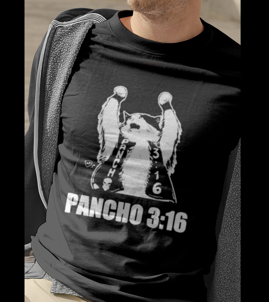 Pancho 3:16 Cat Illustration With Skull Motif And Raised Paws T-Shirt