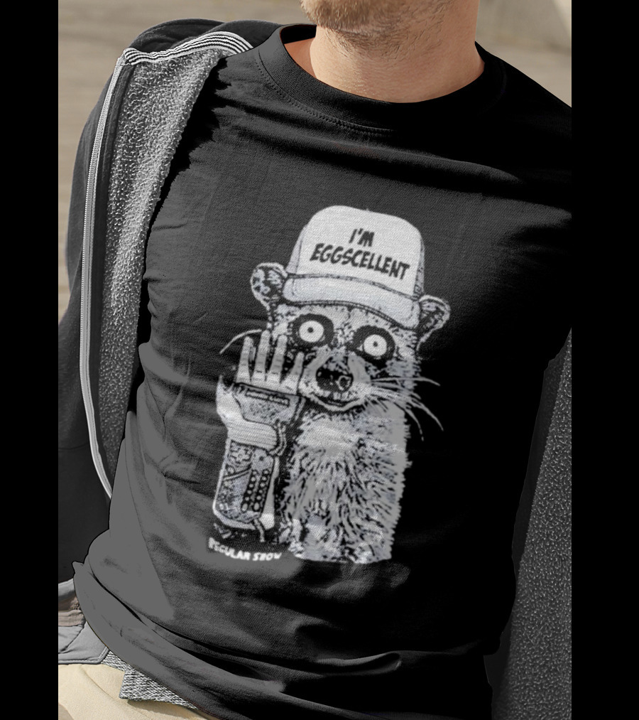 I'm Eggscellent Rigby Regular Show Raccoon Wearing Hat With Cybernetic Arm T-Shirt