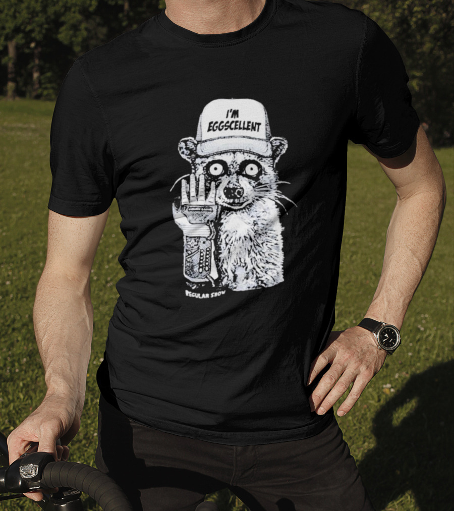 I'm Eggscellent Rigby Regular Show Raccoon Wearing Hat With Cybernetic Arm T-Shirt