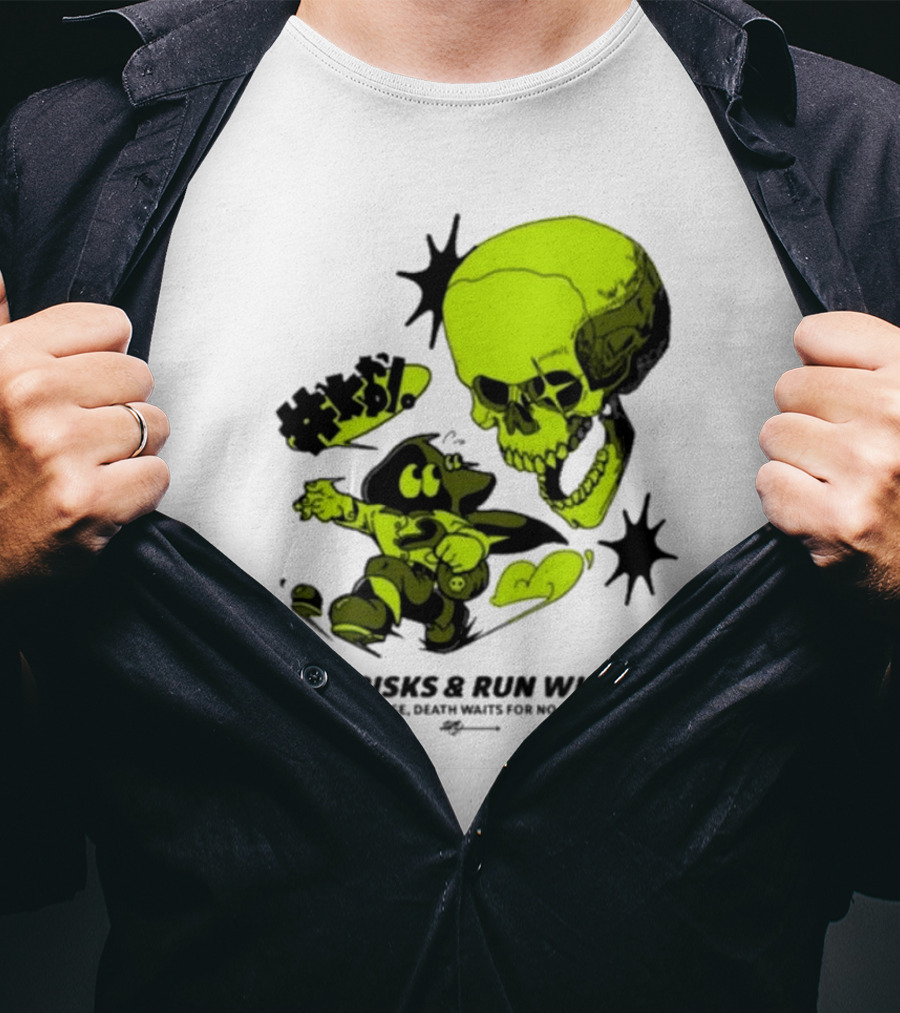 Take Risks Run With It Cartoon Character Facing Neon Skull Because Death Waits For No One T-Shirt