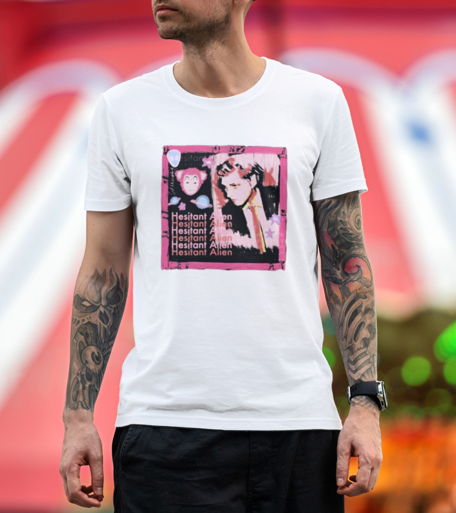 Hesitant Alien Pink Portrait Repeated Text And Mask Cartoon T-Shirt