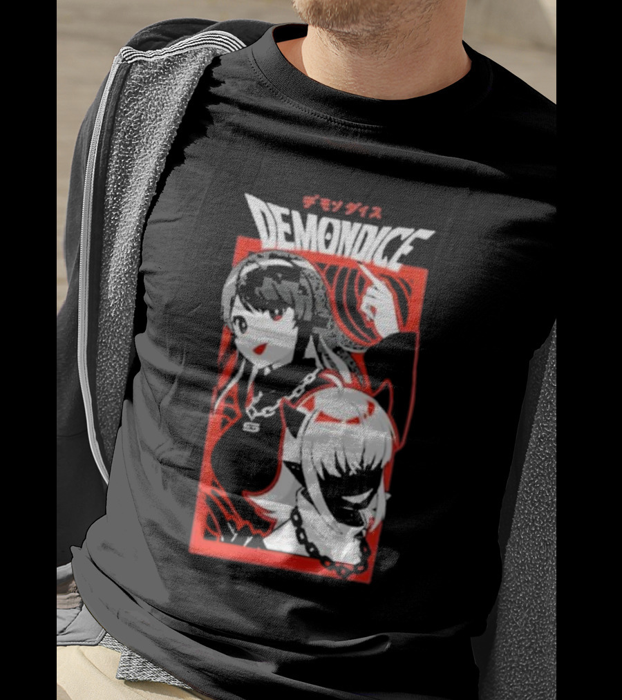 DEMONDICE Anime Style Red And White Character Design Chains T-Shirt