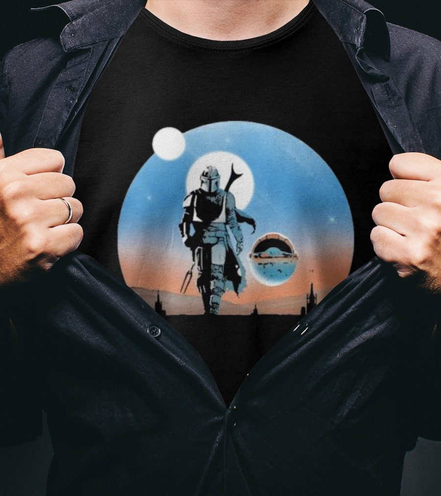 Protect The Child Star War Walking Mandalorian Sunset Adventure T-Shirt