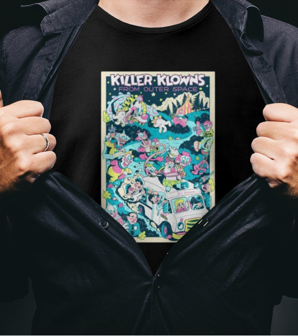 Killer Klowns From Outer Space Ice Cream Truck Invasion With Colorful Circus Characters T-Shirt