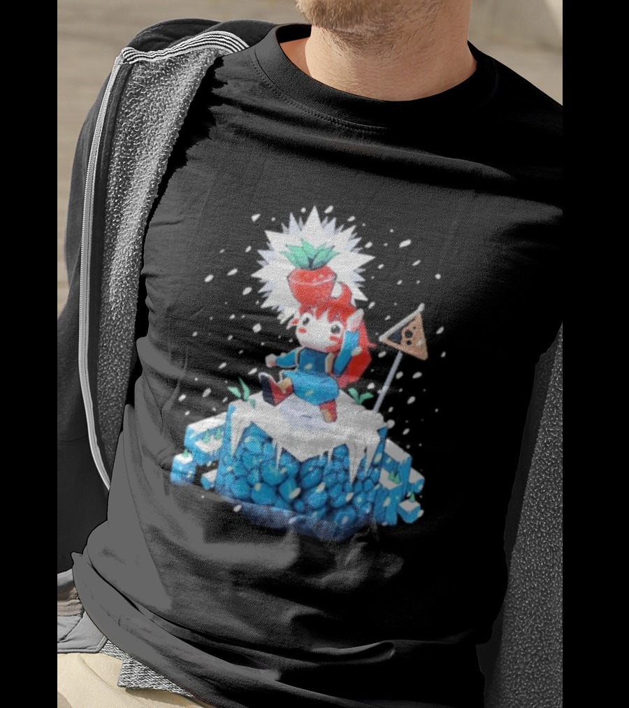 The Yetee Celeste 64 Pixel Adventure Character With Strawberry And Flag On Ice Mountain T-Shirt