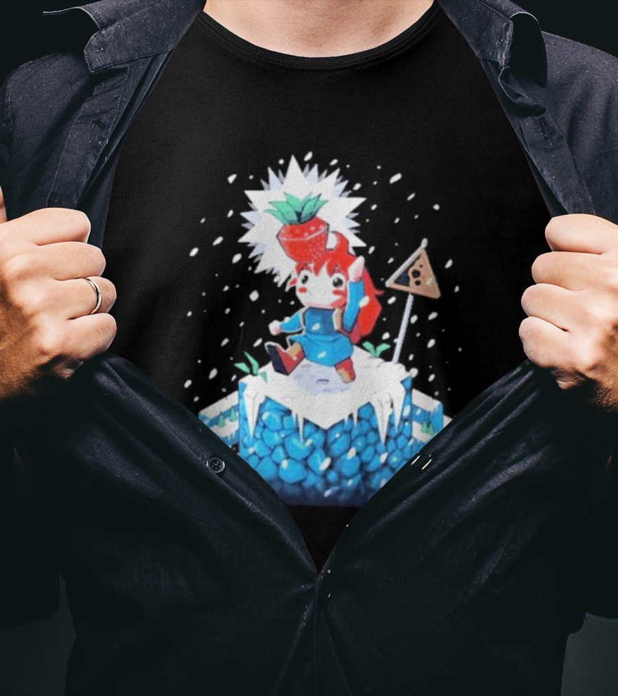 The Yetee Celeste 64 Pixel Adventure Character With Strawberry And Flag On Ice Mountain T-Shirt