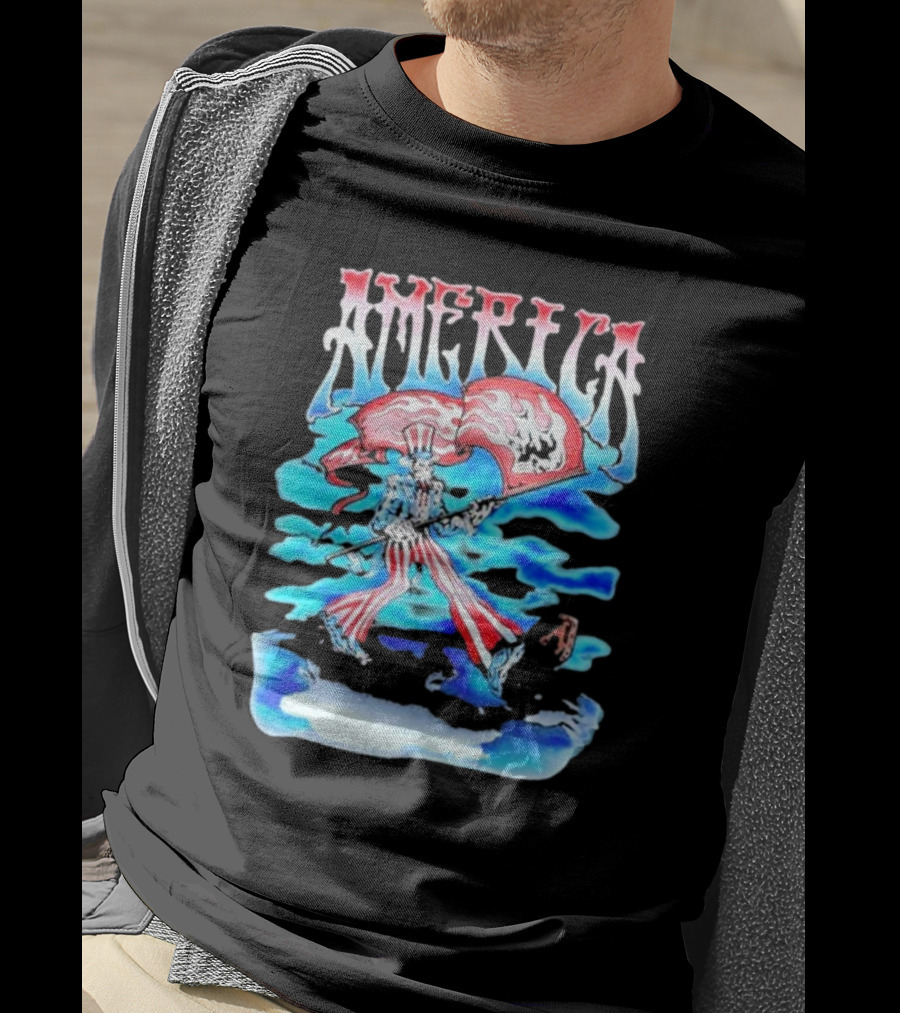 Warren Lotas America Skeleton Uncle Sam With Skull Flags T-Shirt