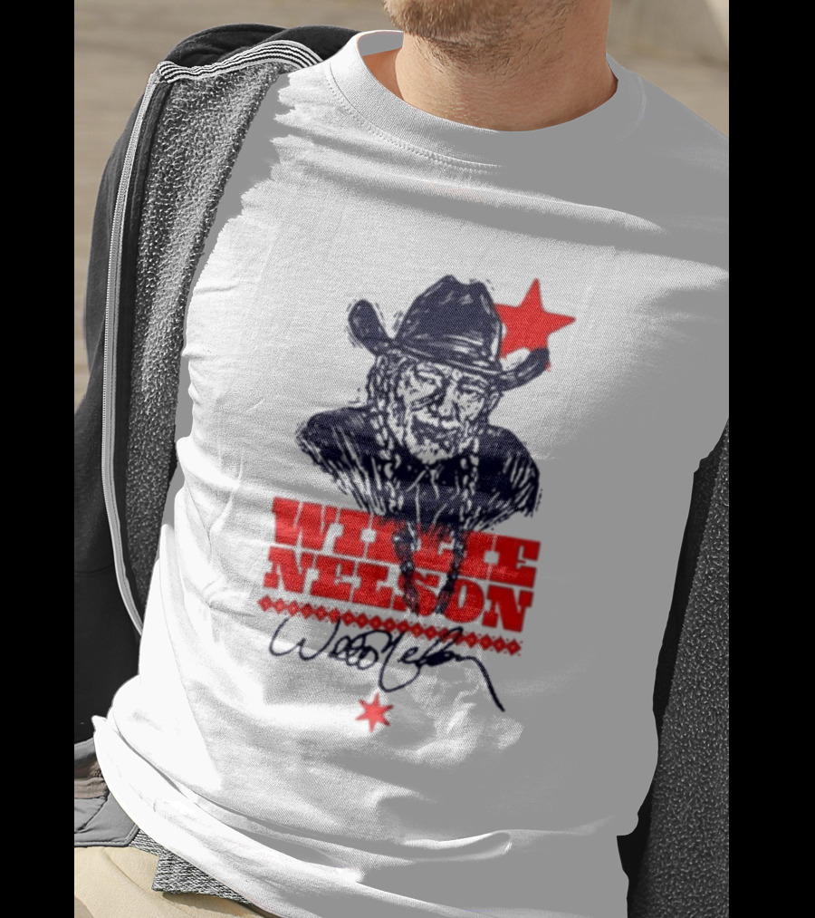 Willie Nelson Woodcut Cowboy Hat Red Star T-Shirt