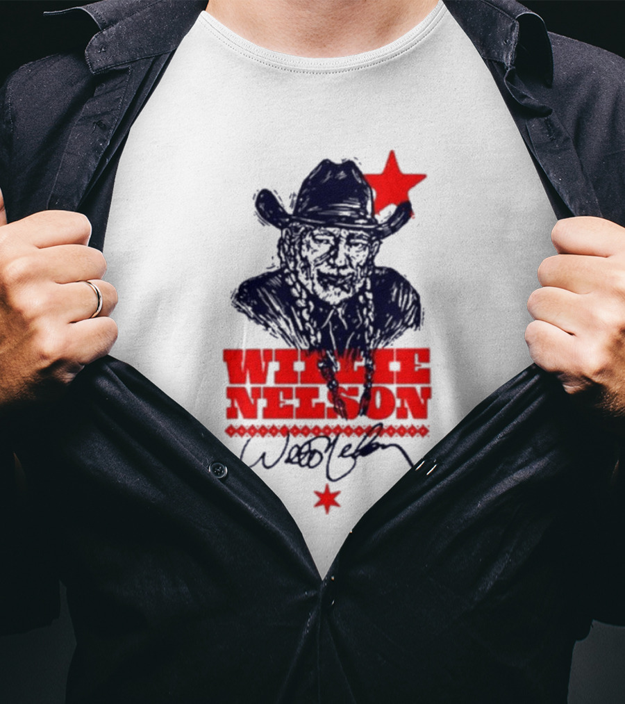 Willie Nelson Woodcut Cowboy Hat Red Star T-Shirt