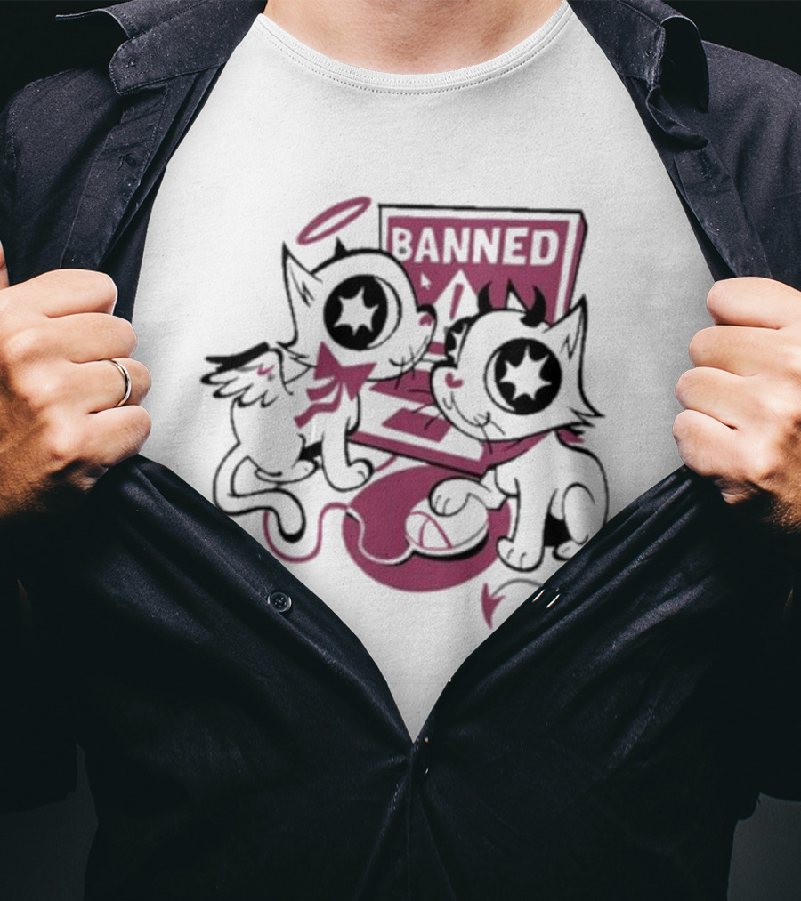 Sinjin Banned Angel Devil Cats With Starry Eyes Sitting By Computer T-Shirt