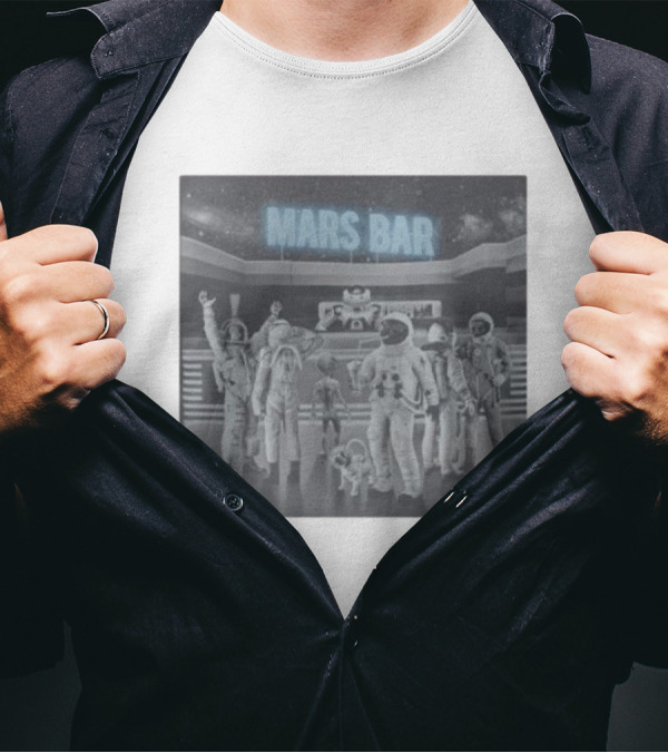 Mars Bar With Astronauts And Alien In Space Scene T-Shirt