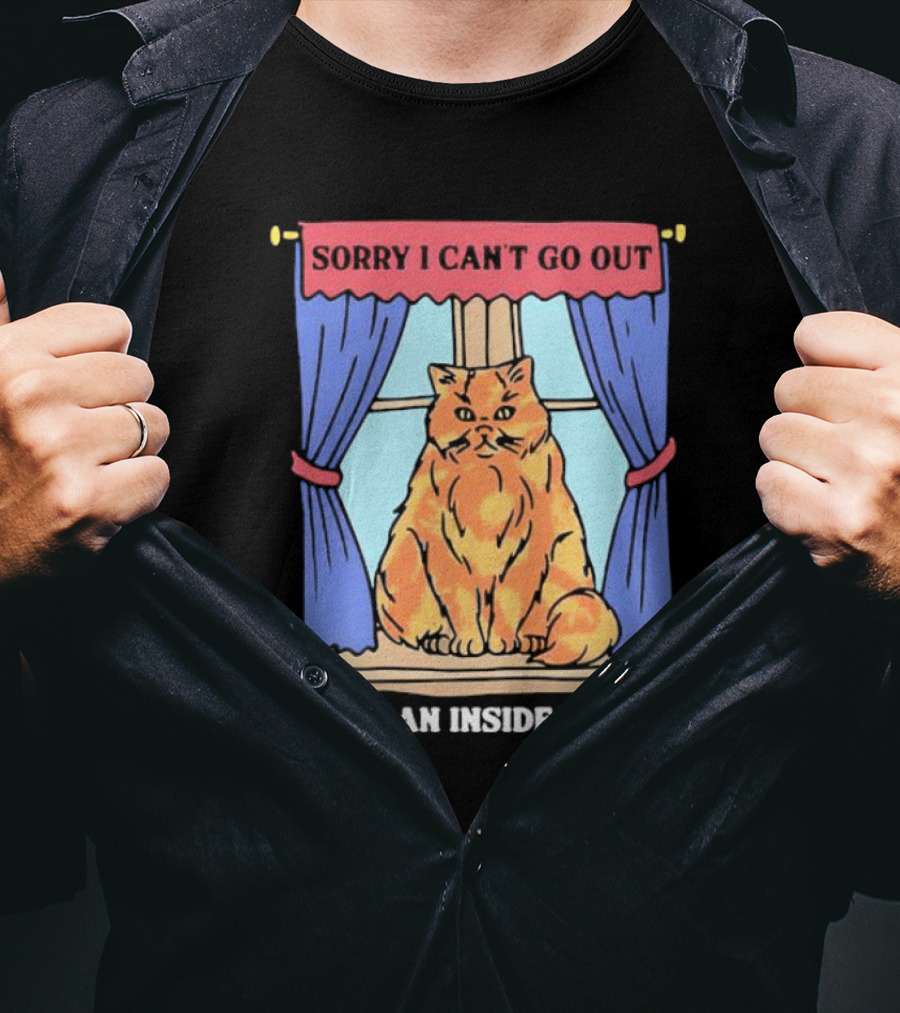 Sorry I Can’t Go Out I’m An Inside Cat Window Curtains Blue Orange Cat T-Shirt