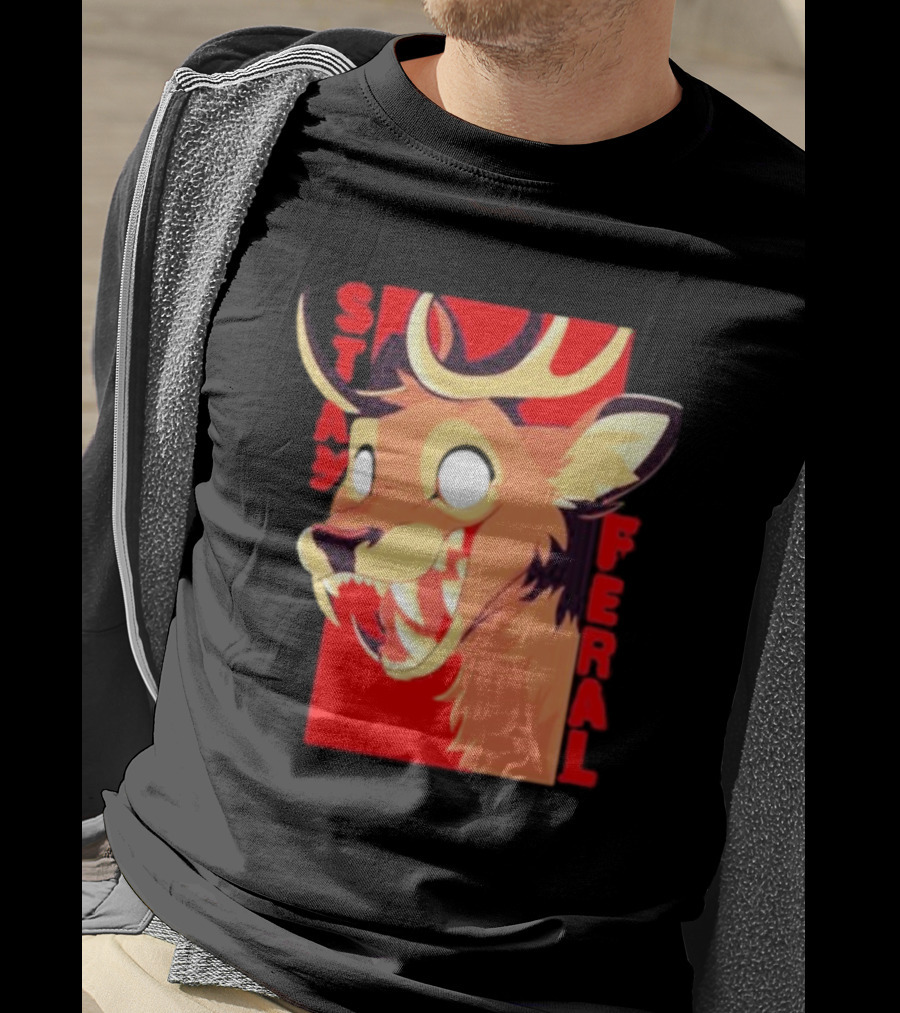 Stay Feral Toothy Deer Wild Expression Monochrome Cartoon T-Shirt