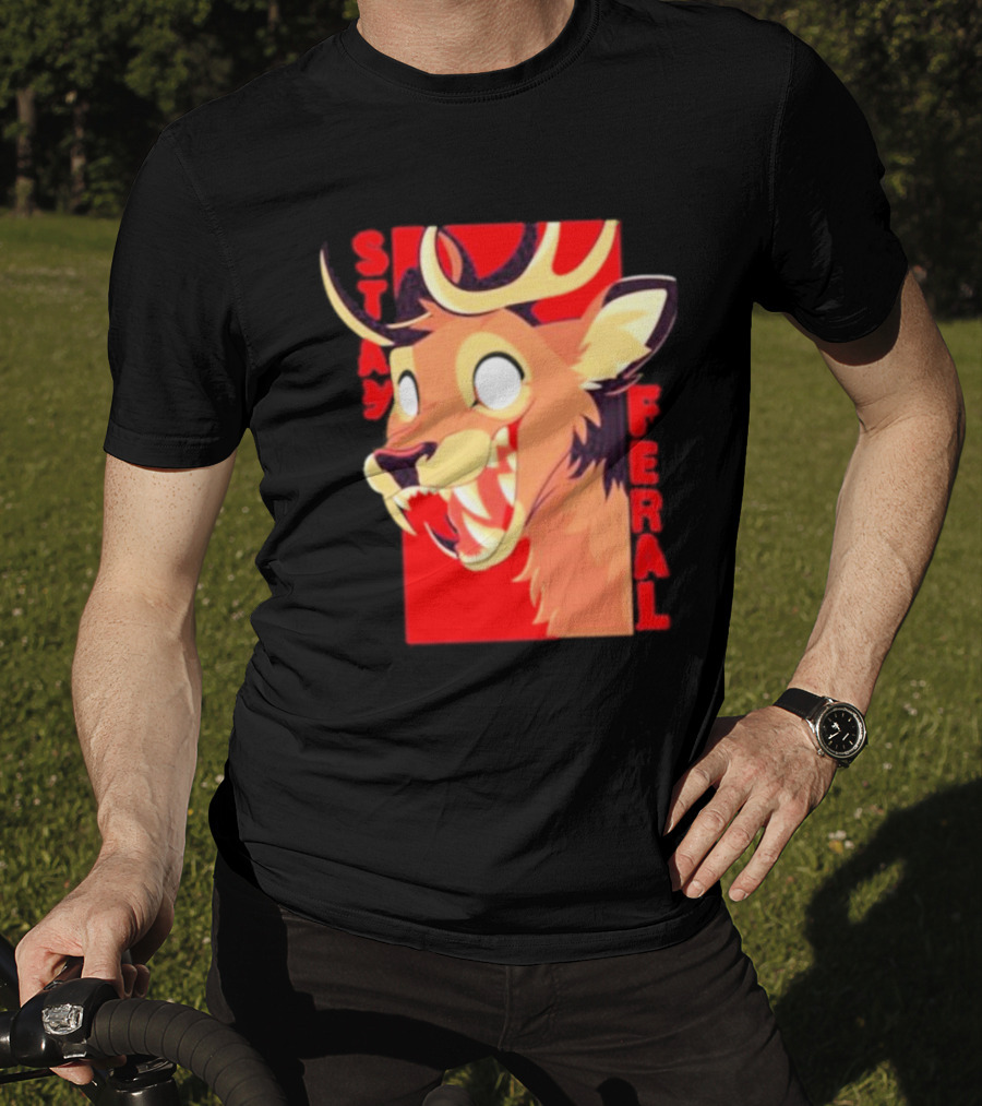Stay Feral Toothy Deer Wild Expression Monochrome Cartoon T-Shirt