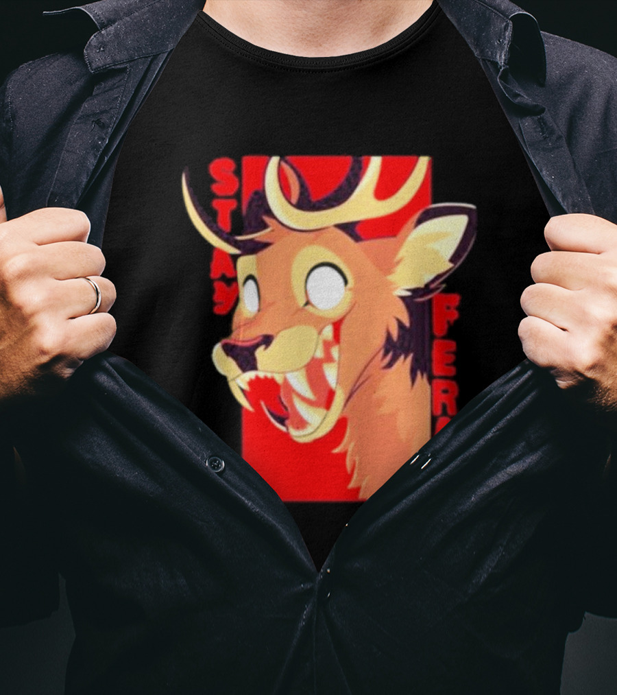 Stay Feral Toothy Deer Wild Expression Monochrome Cartoon T-Shirt