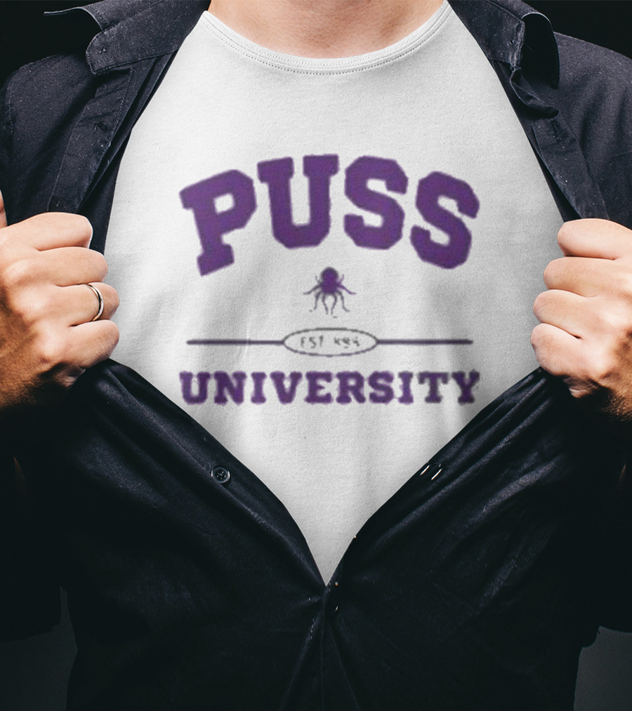 Puss University Est 888 Purple Logo Design With Octopus T-Shirt