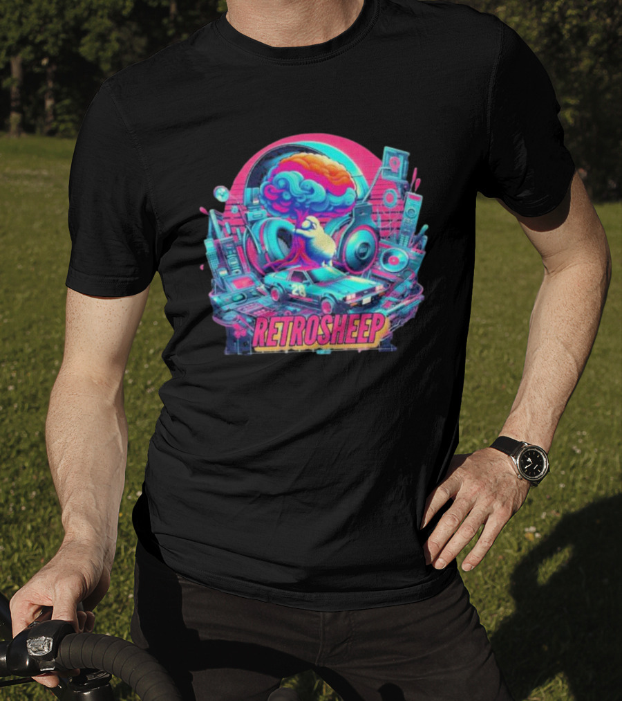Retrosheep Neon Music Explosion With Retro Cars And Speakers T-Shirt