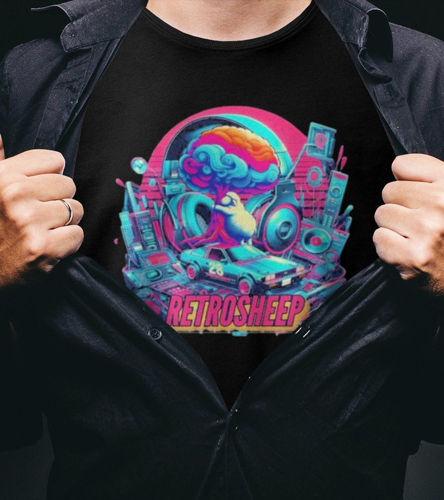 Retrosheep Neon Music Explosion With Retro Cars And Speakers T-Shirt
