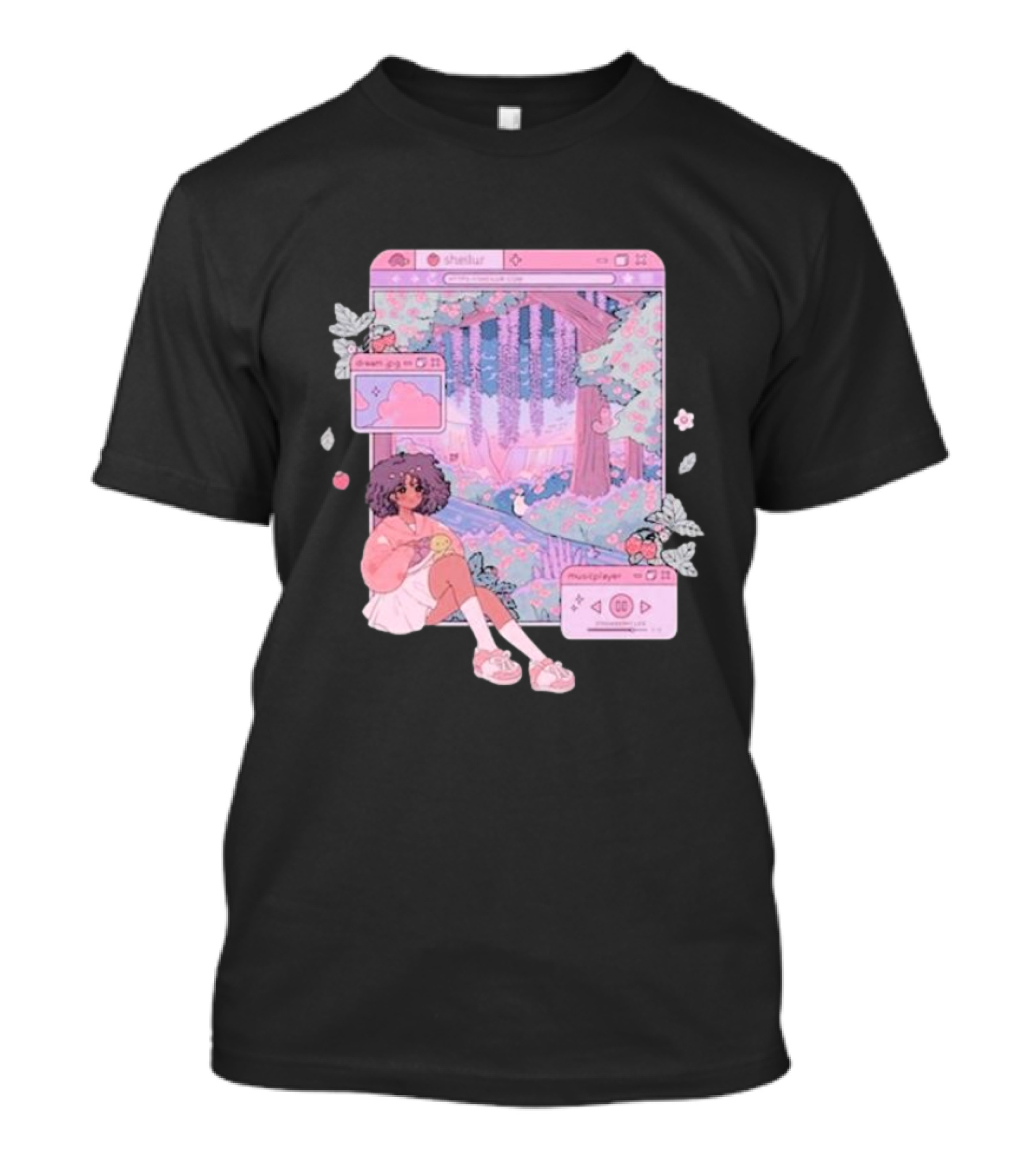 Sheilur Dreamy Strawberry Window Girl In Pink Forest T-Shirt